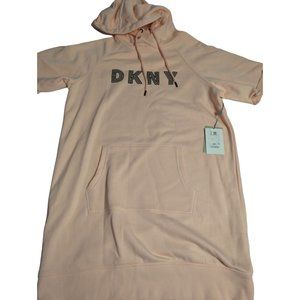 DKNY Sport Logo Womens Oversize Long Hoodie Short sleeve Orange Cream Sz XS NEW